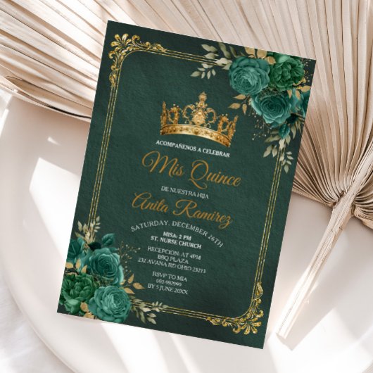 Invitation Mexique Emerald Green Floral & Gold Mis Quince
