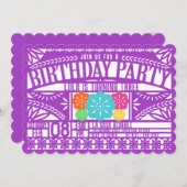 Invitation Mexique Fiesta Papel Picado Drapeau PURPLE Anniver (Devant / Derrière)