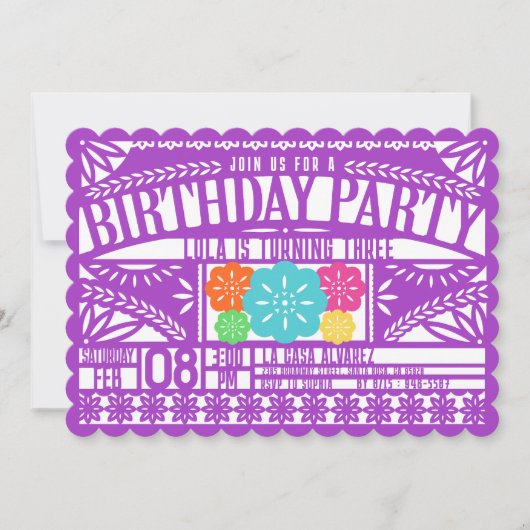 Invitation Mexique Fiesta Papel Picado Drapeau PURPLE Anniver (Devant)
