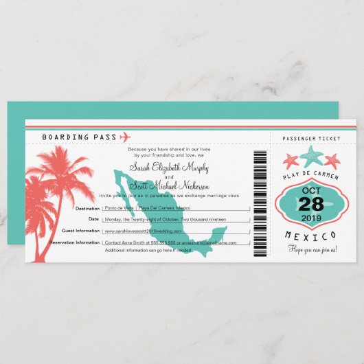 Invitation Mexique Palm Tree Starfish Boarding Pass Mariage (Devant / Derrière)