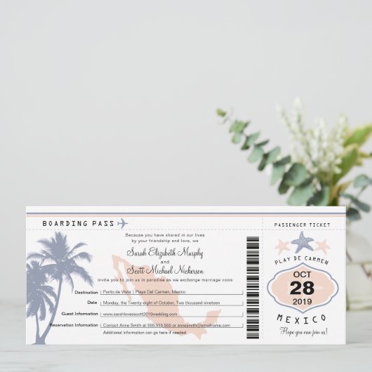 Invitation Mexique Palm Tree Starfish Passe Mariage dans (Debout devant)