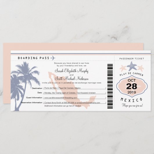 Invitation Mexique Palm Tree Starfish Passe Mariage dans (Devant / Derrière)