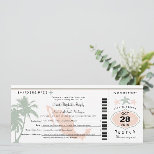 Invitation Mexique Palm Tree Starfish Passe Mariage dans (Debout devant)