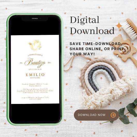 Invitation Mi Bautizo Gold Dove espagnol Baptême