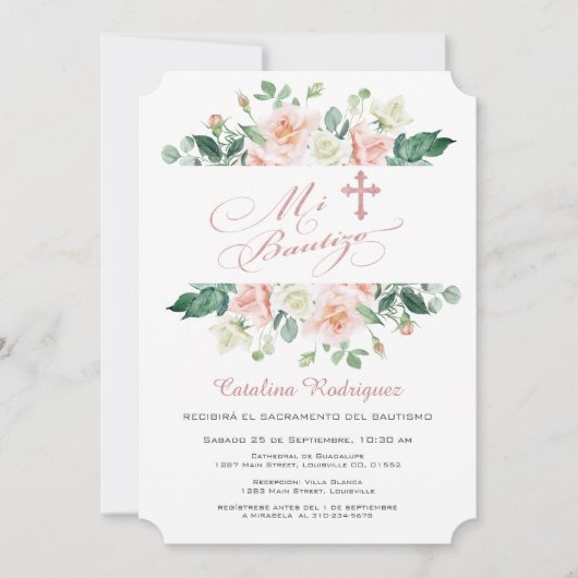 Invitation Mi Bautizo Invitacion Blush White Floral Baptisme (Devant)