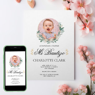 Invitation Mi Bautizo Photo Botanique Espagnol Élégant