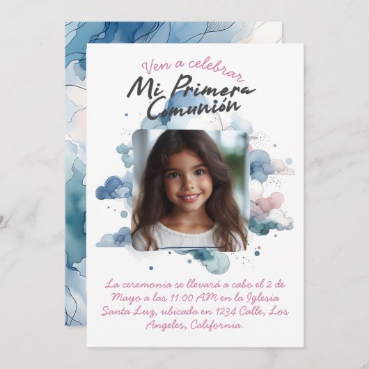 Invitation Mi Primera Comunión con foto Spanish Aquarelle (Devant / Derrière)