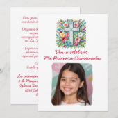Invitation Mi Primera Comunión Cruz & Flores con foto (Devant / Derrière)