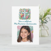 Invitation Mi Primera Comunión Cruz & Flores con foto (Debout devant)