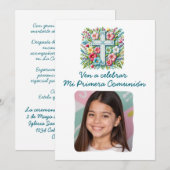 Invitation Mi Primera Comunión Cruz & Flores con foto (Devant / Derrière)