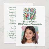 Invitation Mi Primera Comunión Cruz & Flores con foto (Devant / Derrière)