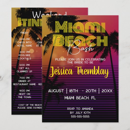 Invitation Miami Beach Bachelorette Week-end Itinéraire (Devant / Derrière)