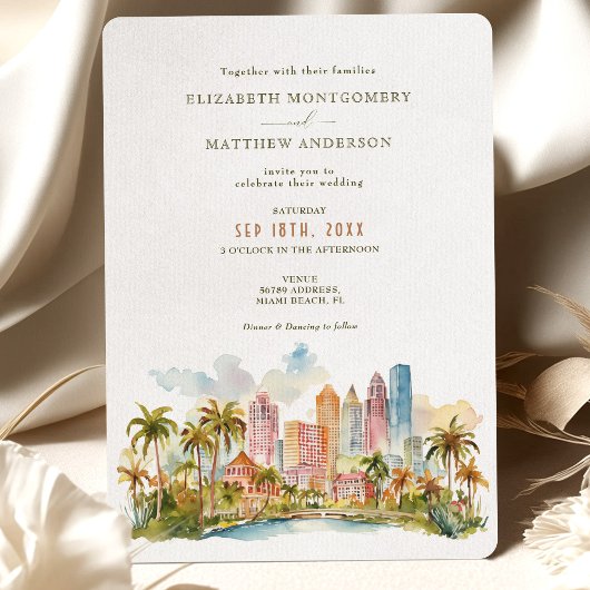 Invitation Miami Beach Destination avec Watercolor Skyline