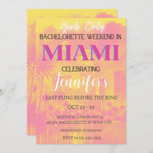 Invitation Miami Destination Bachelorette Week-End Party (Devant / Derrière)