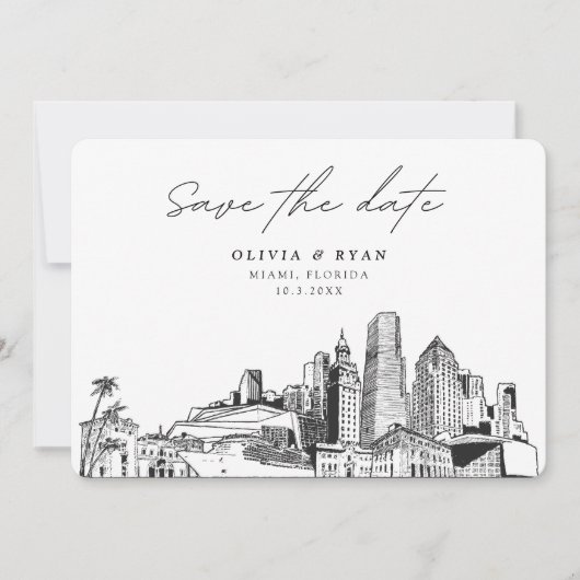 Invitation Miami Mariage Skyline Sketch Modern Enregistrer la (Devant)