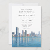 Invitation Miami Skyline Watercolor QR Code Wedding (Devant)