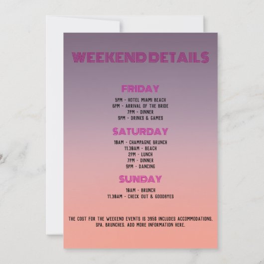 Invitation Miami Tropical Palms Sunset Bachelorette Week-end (Dos)