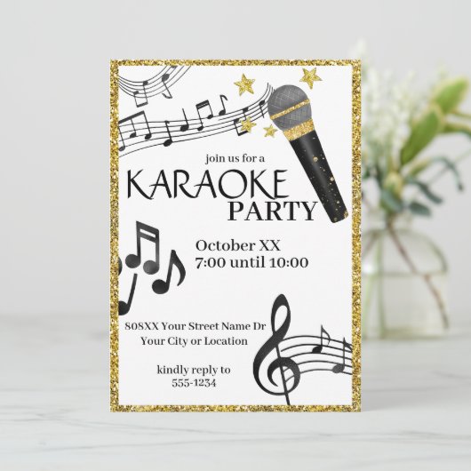 Invitation Micro doré pailleté notes de musique karaoké fête (Debout devant)
