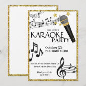 Invitation Micro doré pailleté notes de musique karaoké fête (Devant / Derrière)