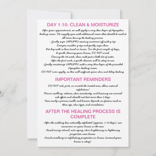 Invitation Microblading Eyebrow Instruction de post-soins ros (Dos)