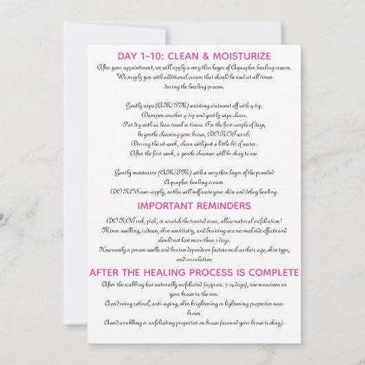 Invitation Microblading Eyebrow Instruction de post-soins ros (Dos)