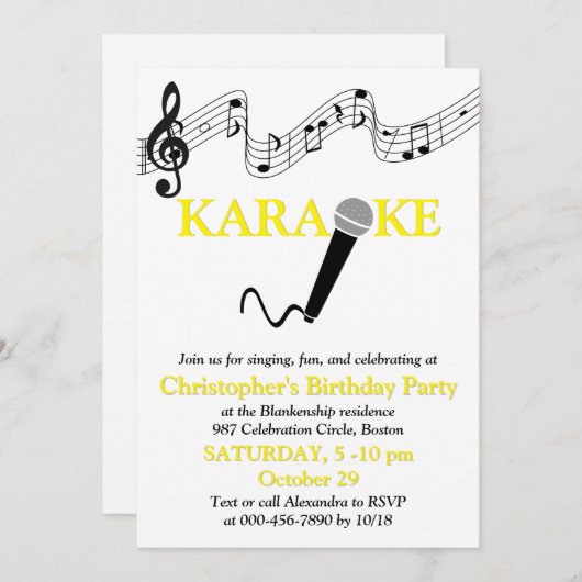 Invitation Microphone Échelle Musicale Fête Karaoke Jaune (Devant / Derrière)
