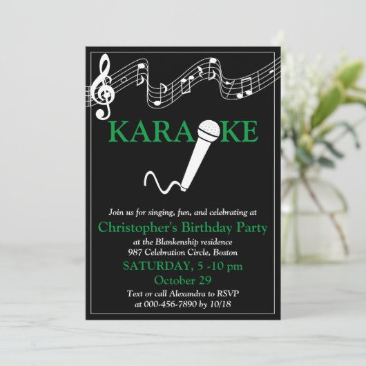 Invitation Microphone Échelle Musicale Soirée Karaoke Vert (Debout devant)