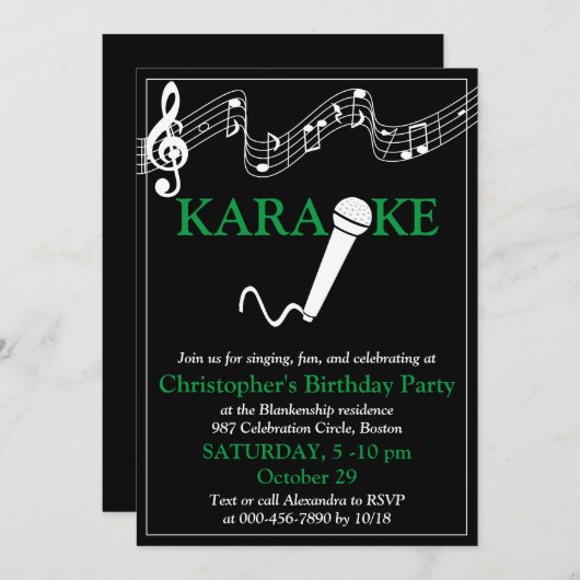 Invitation Microphone Échelle Musicale Soirée Karaoke Vert (Devant / Derrière)