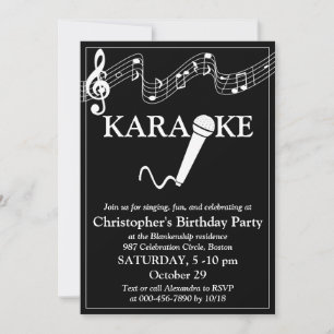 Invitation Microphone Gamme Musicale Fête Karaoke Noir Blanc