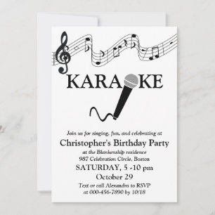 Invitation Microphone Gamme Musicale Fête Karaoke Noir Blanc