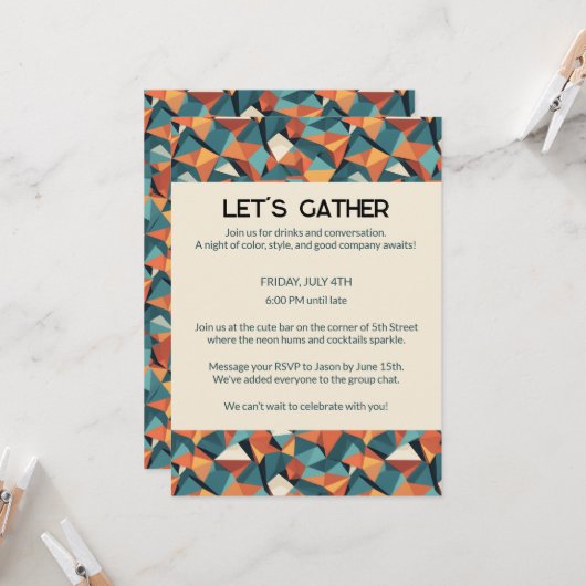 Invitation Mid-Century Geometric Teal & Orange | Custom (Devant/Arrière en situation)