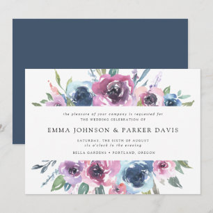 Invitation Midnight Blooms   Fleurs de mariage violettes et b