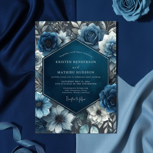 Invitation Midnight Blue Floral Bloom Wedding