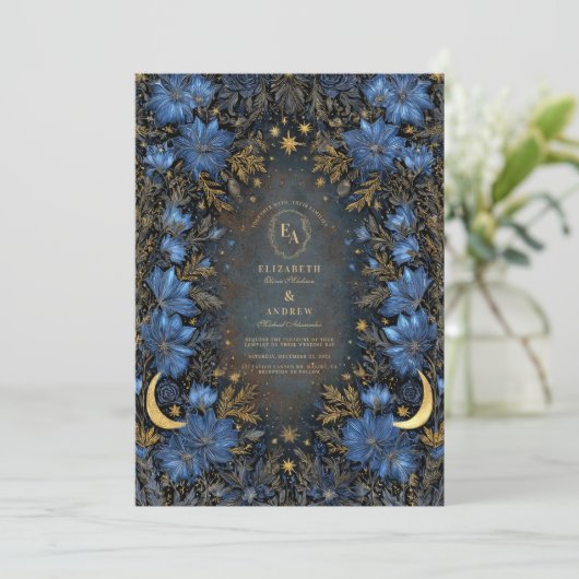 Invitation Midnight Blue Moon & Star Mariage (Debout devant)