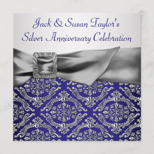 Invitation Midnight Blue Silver Damask 25e anniversaire