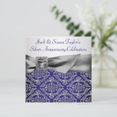 Invitation Midnight Blue Silver Damask 25e anniversaire fête (Debout devant)