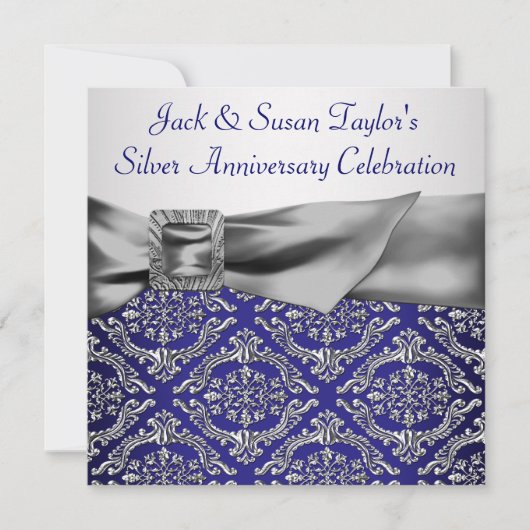 Invitation Midnight Blue Silver Damask 25e anniversaire fête (Devant)
