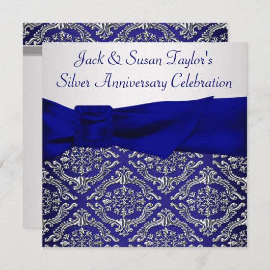 Invitation Midnight Blue Silver Damask 25e anniversaire fête (Devant / Derrière)