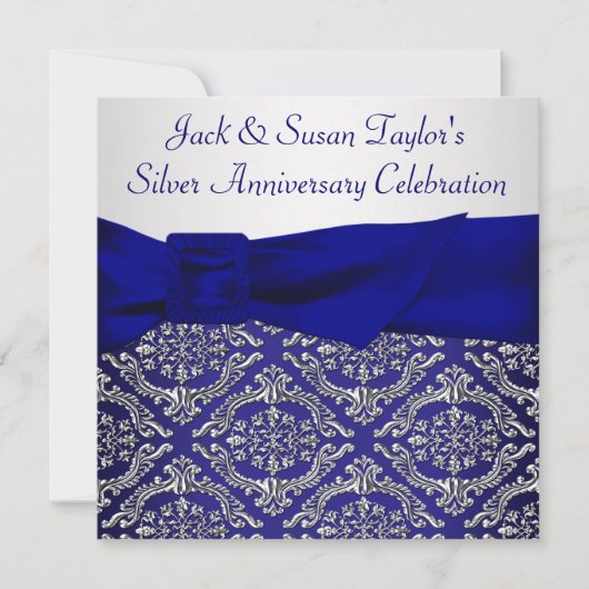 Invitation Midnight Blue Silver Damask 25e anniversaire fête (Devant)