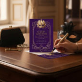 Invitation Midnight Masquerade Gold Feather Mask Purple