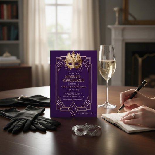 Invitation Midnight Masquerade Gold Feather Mask Purple