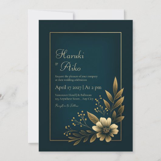 Invitation Midnight Navy Gold Botanical Wedding (Devant)