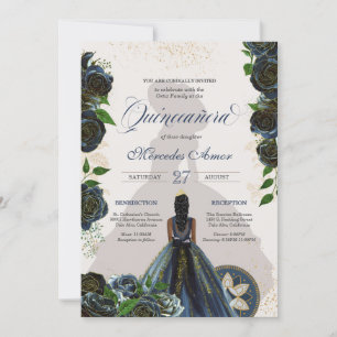 Invitation Midnight Navy Roses Bleus Fancy Charro Quinceanera