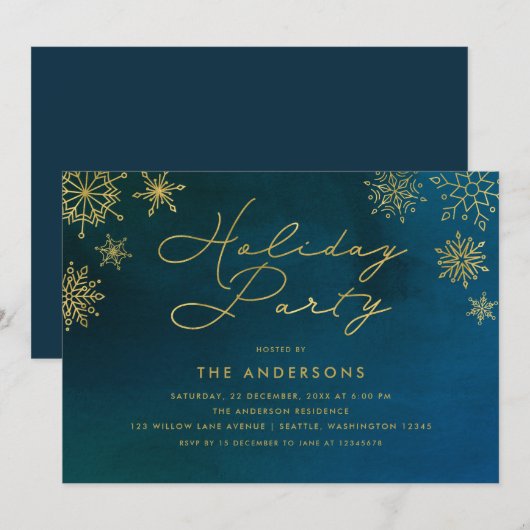 Invitation Midnight Watercolor Gold Snowflon fête (Devant / Derrière)