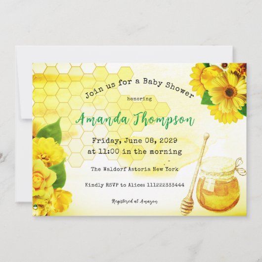 Invitation Miel Jar Jaune Vert Mère à Abeille Baby shower (Devant)