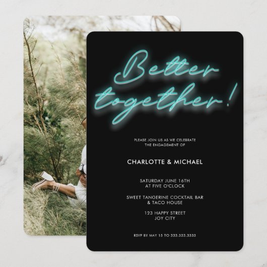 Invitation Mieux Ensemble Photo Neon Fiançailles Turquoise (Devant / Derrière)