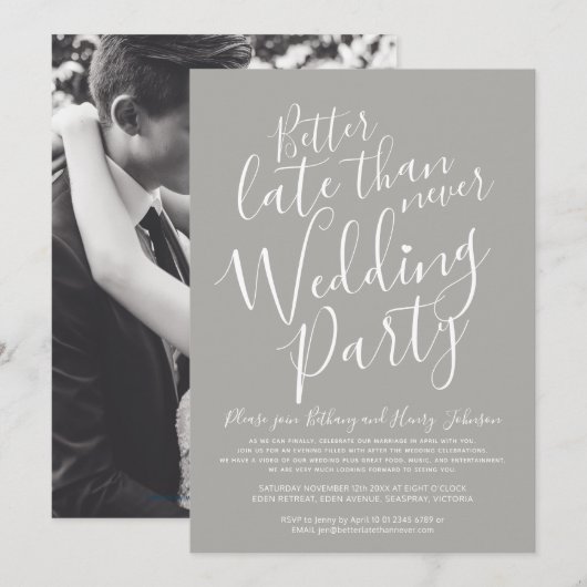 Invitation Mieux tard que jamais mariage gris fête (Devant / Derrière)