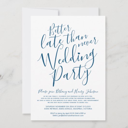 Invitation Mieux vaut tard que jamais mariage bleu sur blanc (Devant)