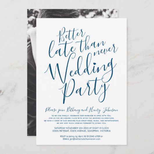 Invitation Mieux vaut tard que jamais mariage bleu sur blanc (Devant / Derrière)