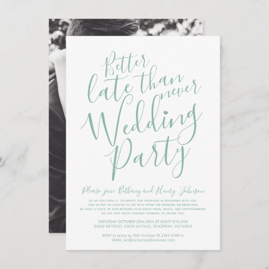 Invitation Mieux vaut tard que jamais mariage vert blanc (Devant / Derrière)